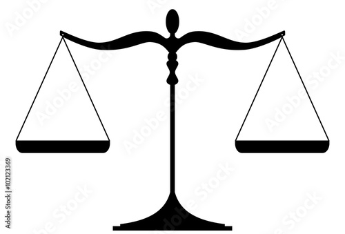 Justice scales silhouette - balanced. Isolated on white