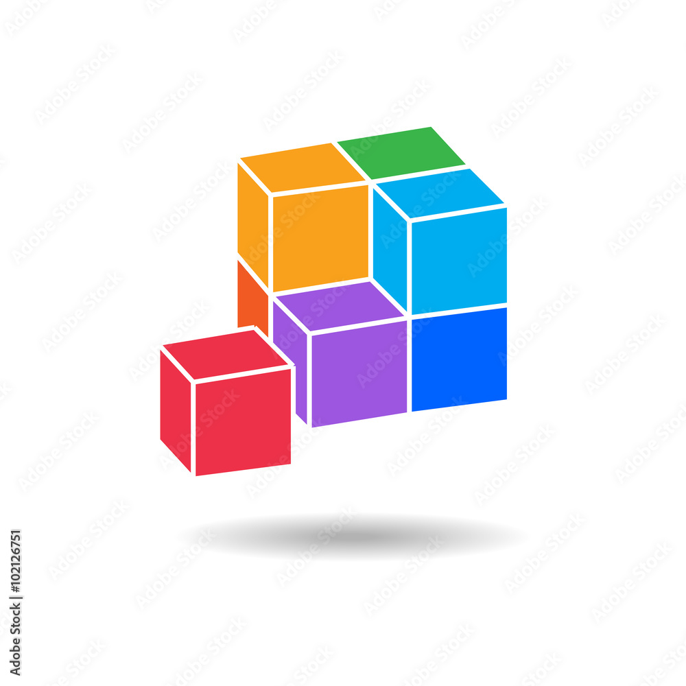 Cube composition icon. Perspective view. Pyramid of five blocks. Association, union, join, building, logo, project, game symbol. Infographic elements. Vector