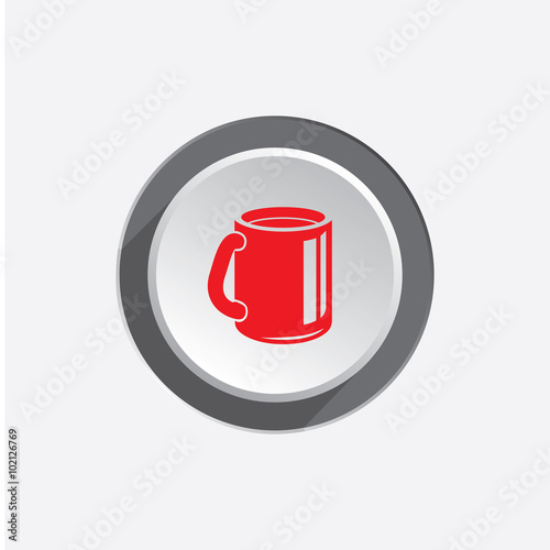 Drink glass icon. Plastic, paper cup symbol. Red sign on round three-dimensional white-gray button. Vector 