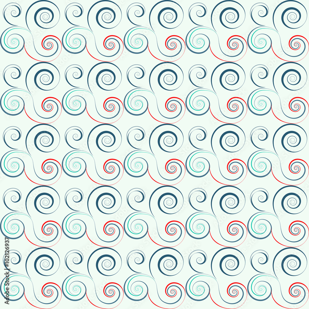 Seamless floral spiral pattern. Twirl lines. Twist abstract ornament on light background. Red, blue, white colors. Vector illustration