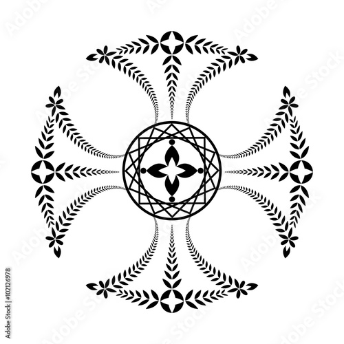 Fototapeta Naklejka Na Ścianę i Meble -  Laurel wreath tattoo. Black ornament. Cross sign on white background.  Defense, peace, glory symbol. Vector isolated