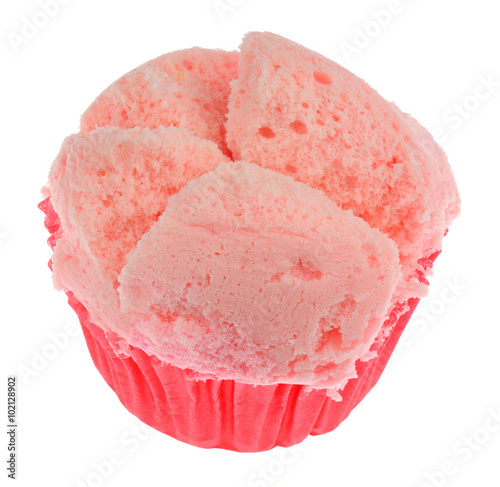 A Pink Thai Rice Flour Muffin or Steamed Cup Cake isolated on Wh