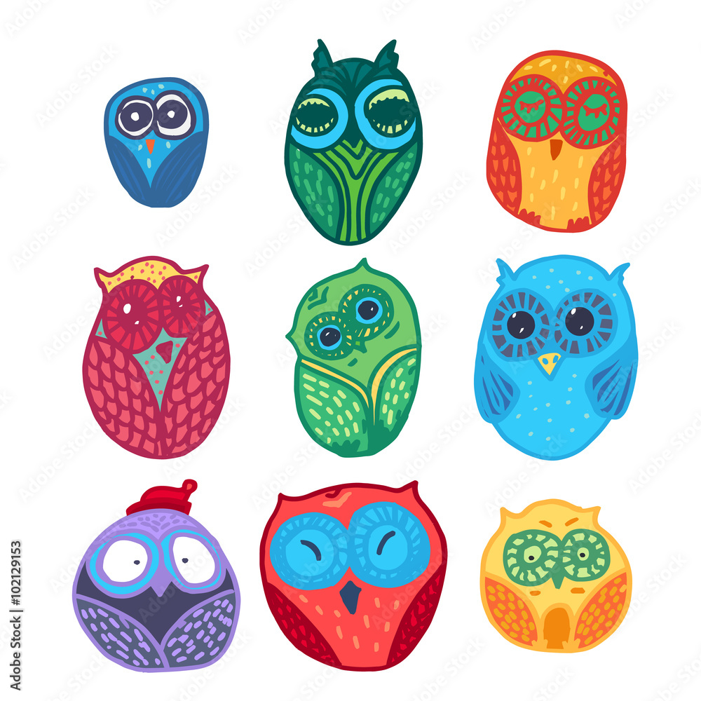 Owls hand drawn set Owls hand drawn set