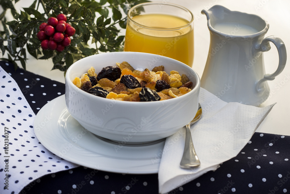 Healthy breakfast concept with cereal, milk and orange juice Healthy breakfast concept with cereal, milk and orange juice