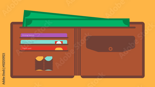 Opened wallet flat style icon. Plastic cards and cash and sim cards.