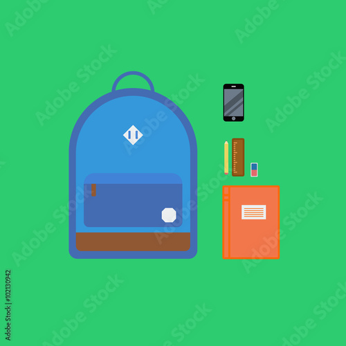 Backpack with multiple items. Flat style illustration.