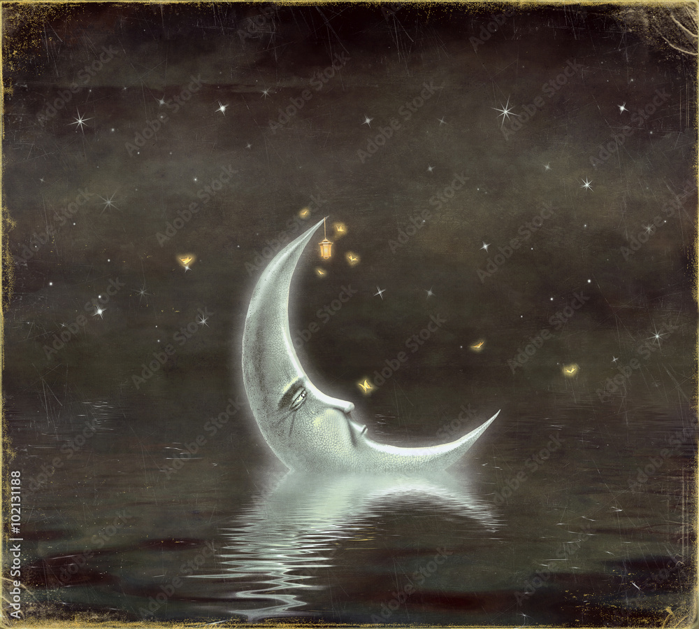 Fototapeta premium The moon is reflected in wavy water