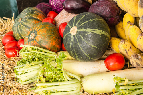 Composition with fruits and vegetables close up