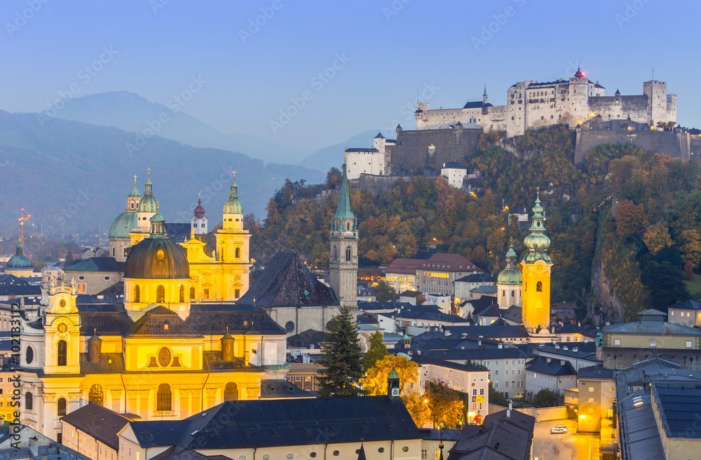 Salzburg city with Hohensalzburg Castle at dusk