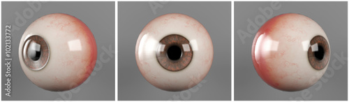Realistic human eyeballs brown iris pupil in three different sides