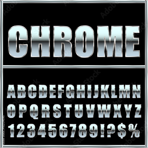 Chrome metal font and symbols for design. Vector eps10.