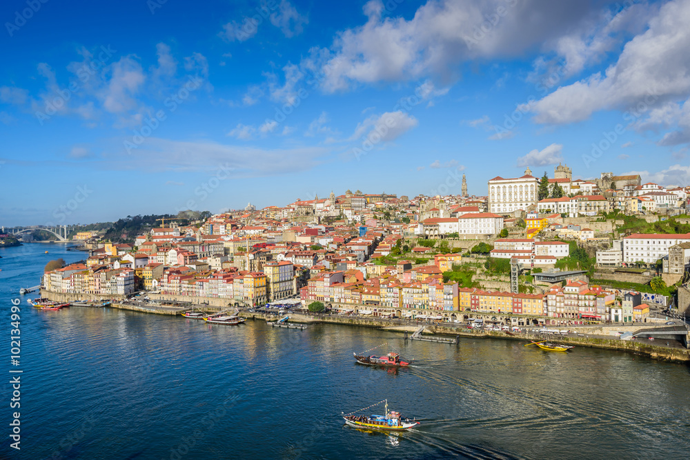 Portugal old town skyline from across the Douro River, Porto, Portugal.