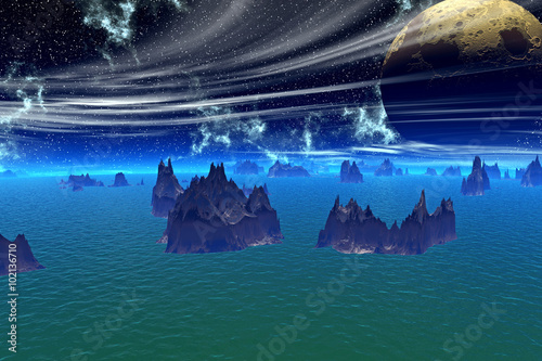 Fantasy alien planet. Rocks and lake