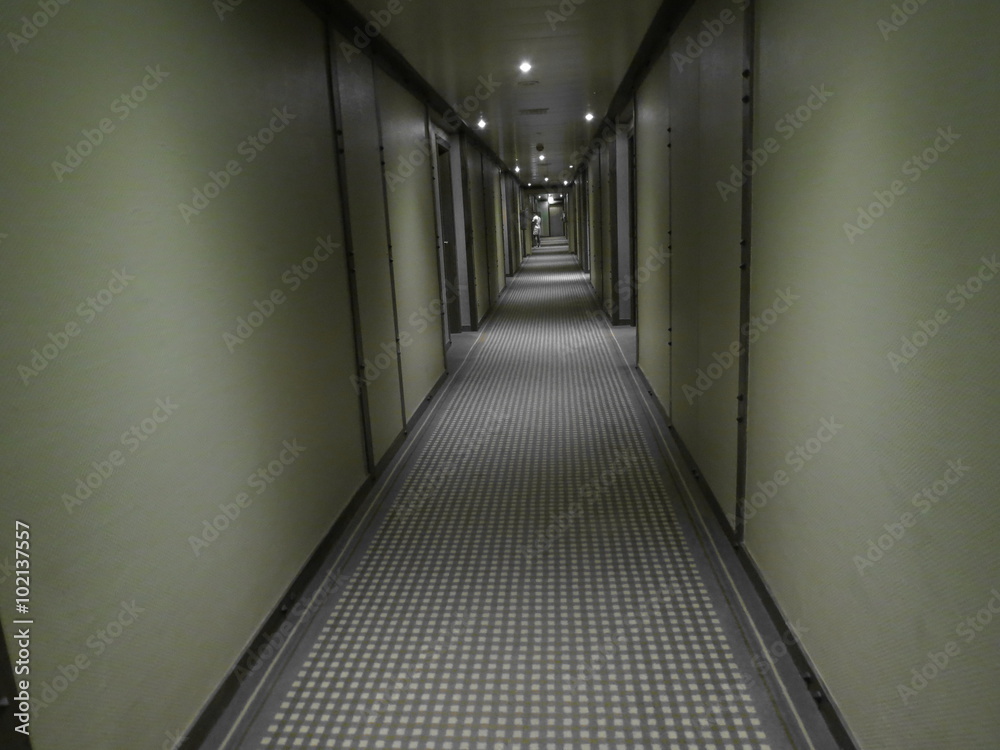 Empty green long corridor with medium light