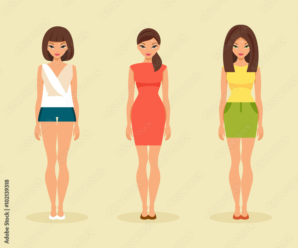 Three girls in summer clothes. Vector illustration Three girls in summer clothes. Vector illustration