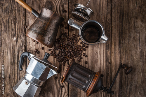Accessories for coffee on the wooden table