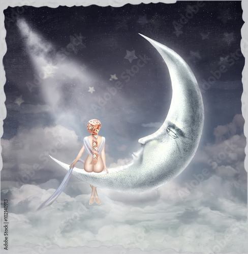  Time of miracles and magic.The illustration shows young blonde girl sitting on the moon