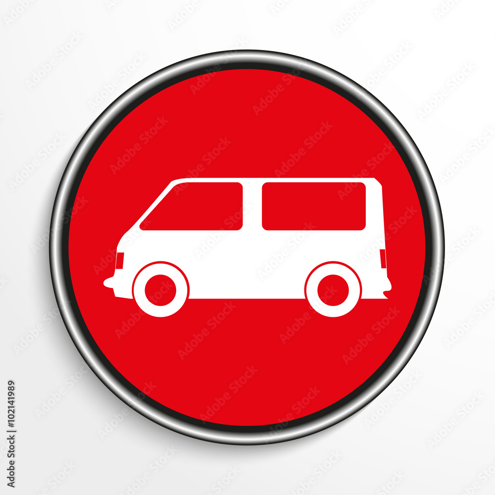 Van. White vector icon on round red background.