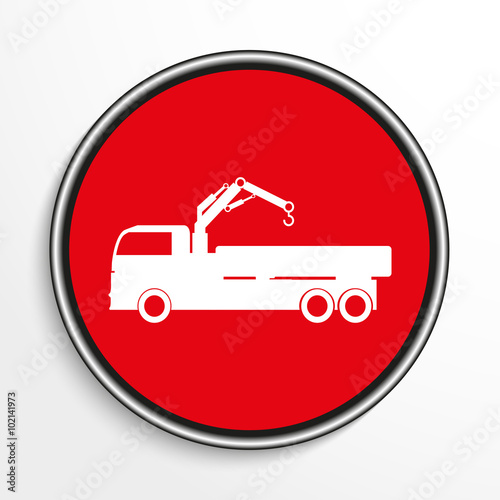 Truck with crane. White vector icon on round red background.