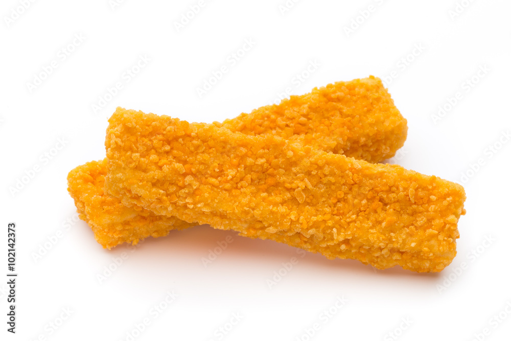 Frozen bread crumbed fish fingers on white. Frozen bread crumbed fish fingers on white.