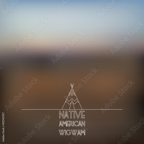 Blurred foggy landscape background with wigwam line art