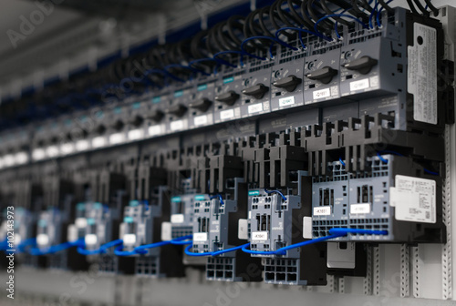 Close-up view of industrial contactors at factory.