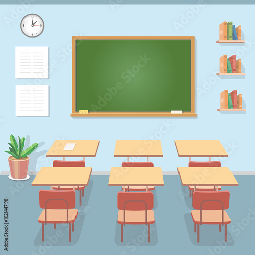 School classroom with chalkboard and desks. Class for education, courses or training