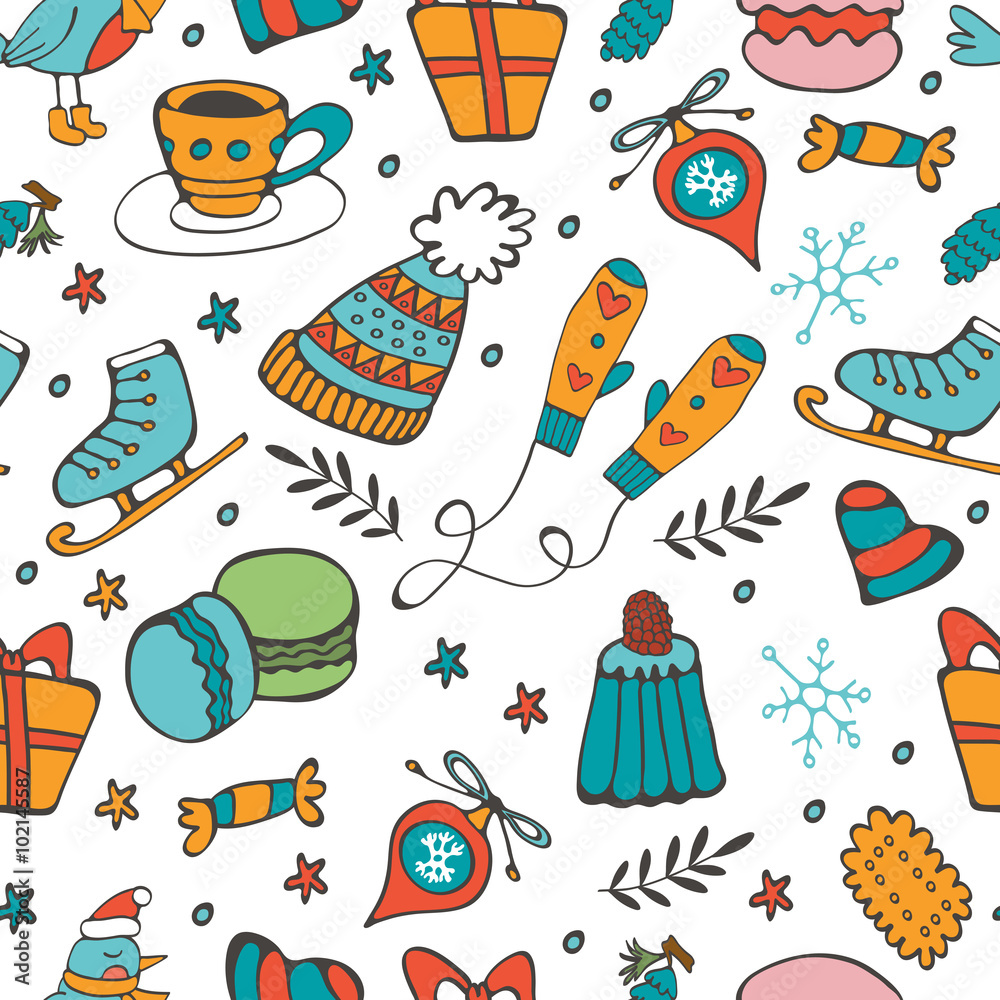 Cute hand drawn seamless pattern of winter related graphics