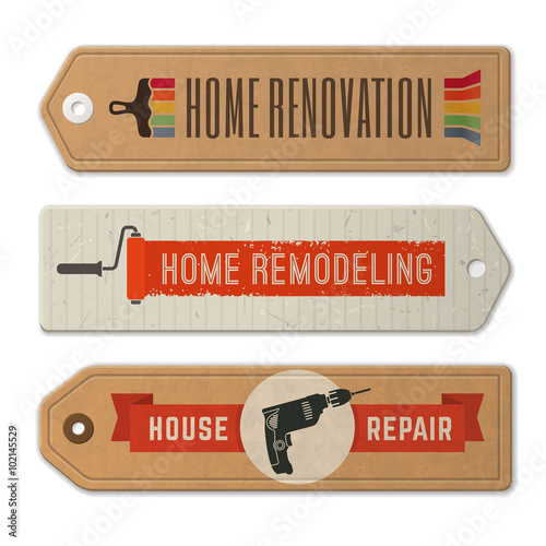 Set of home remodeling logos and labels on cardboard tags. Vintage house renovation vector  illustration.