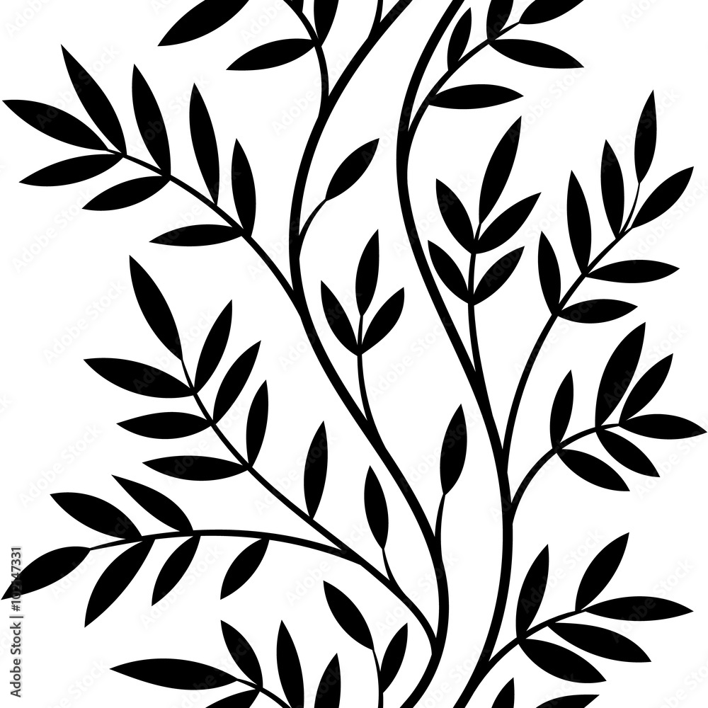 vector illustration, seamless pattern, decorative black and white wavy tree branches with leaves