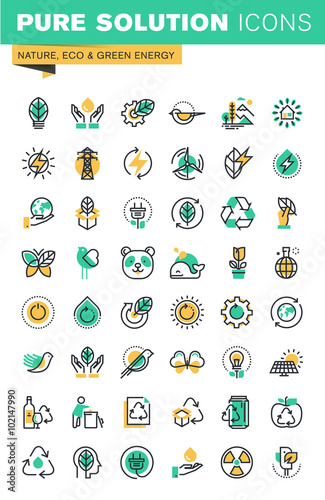 Modern thin line icons set of ecology, sustainable technology, renewable energy, recycling, nature, protection of flora and fauna.