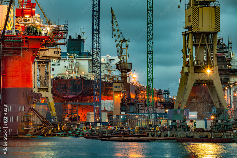 Shipyard industry - Ship under construction in Gdansk, Poland.