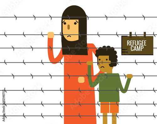 Woman and child holding Barbed Wire at refugee camp. flat vector