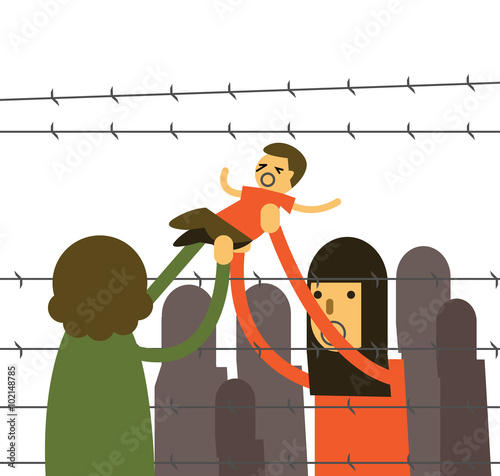 Mother holding her kids cross Barbed Wire at refugee camp. 