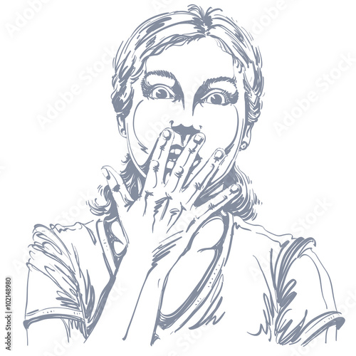 Graphic vector hand-drawn illustration of impressed woman