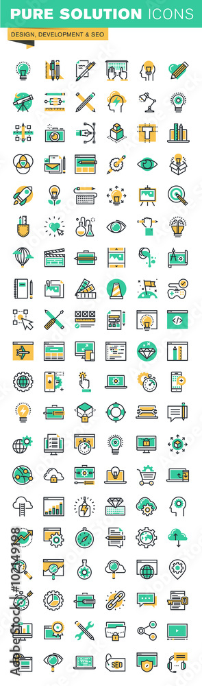 Modern thin line icons set of graphic design, logo design, stationary, photo editing, website design and development, app development, seo, cloud computing, internet security.