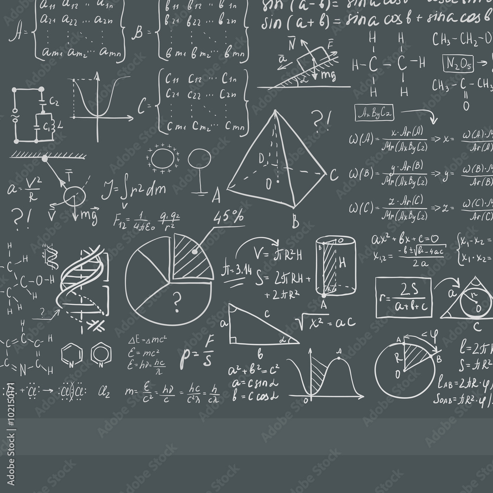 Fototapeta premium Background of white blackboard with mathematical equations.