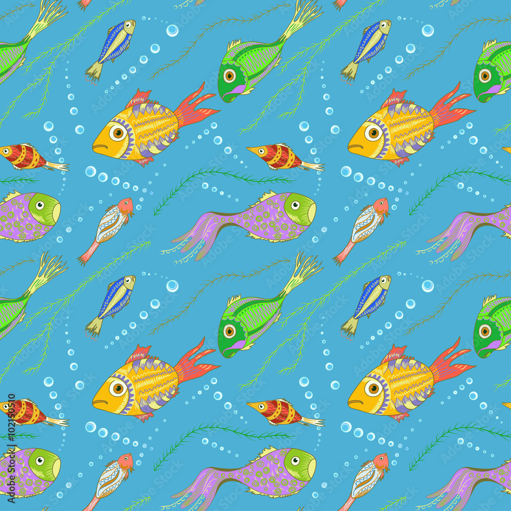 Vector seamless pattern with hand drawn fishes, seaweeds and bubbles. Tropical sea life design for cloth, web, wallpaper, wrapping. Vector seamless pattern with hand drawn fishes, seaweeds and bubbles. Tropical sea life design for cloth, web, wallpaper, wrapping.
