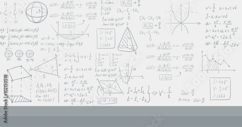 Background of white blackboard with mathematical equations.