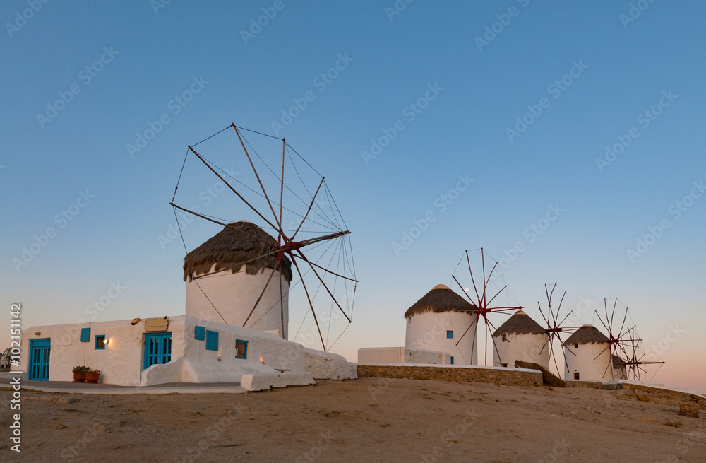 Fototapeta premium Sunrise in windmills in Mykonos Island Greece cyclades