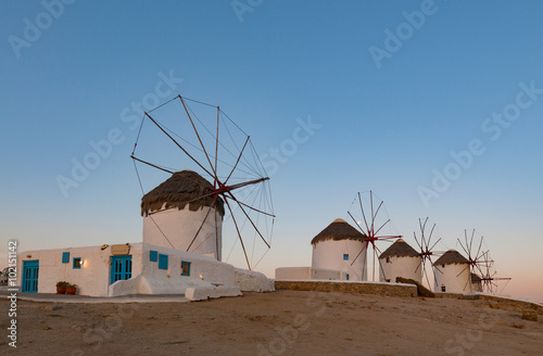 Sunrise in windmills in Mykonos Island Greece cyclades