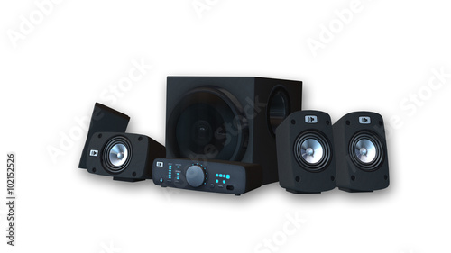 Surround Sound Audio Set, amplifier with six speakers isolated on white background