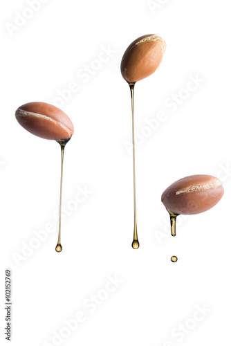Drops of oil falling from argan fruits