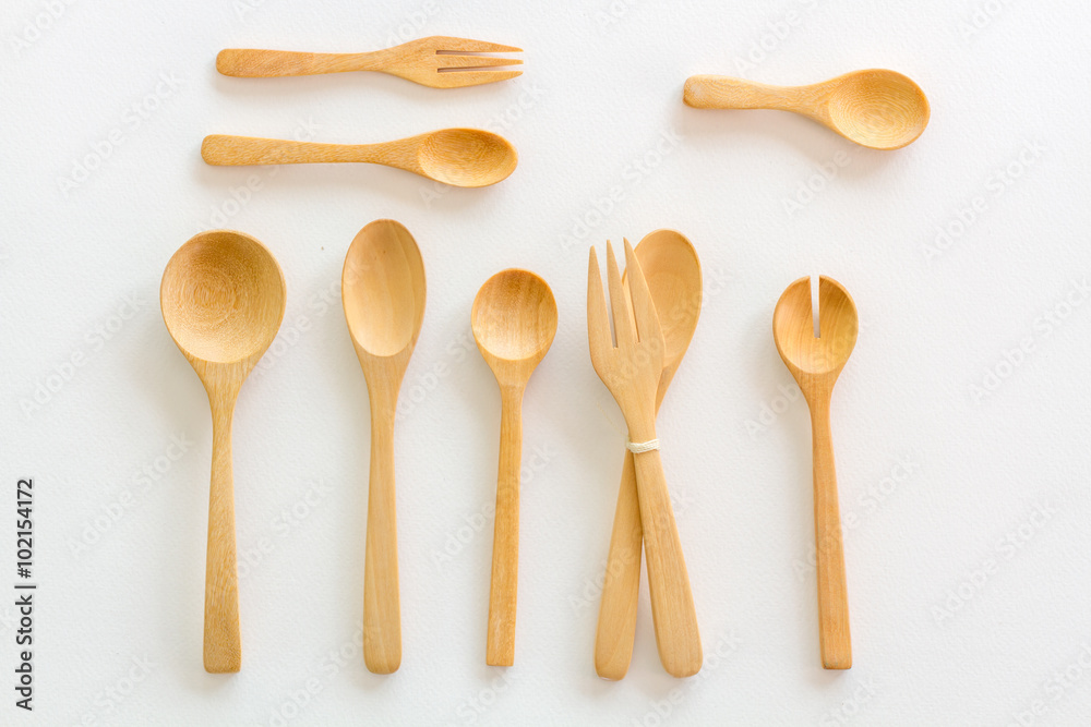 Set of wooden spoon on White paper background Set of wooden spoon on White paper background