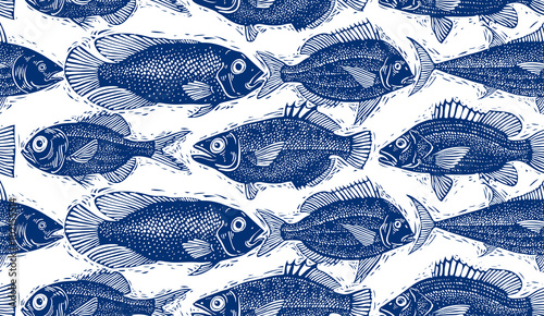 Seamless vector sea pattern, different fish silhouettes. 