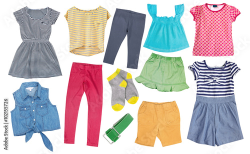 Child girl cotton bright summer clothes set collage isolated.