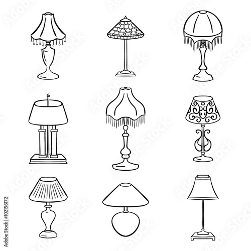 Set of sketched table lamps with lampshades. Vector illustration. Set of isolated black contoured objects on white background.