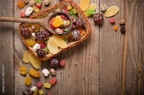 dried fruits mix on wooden background