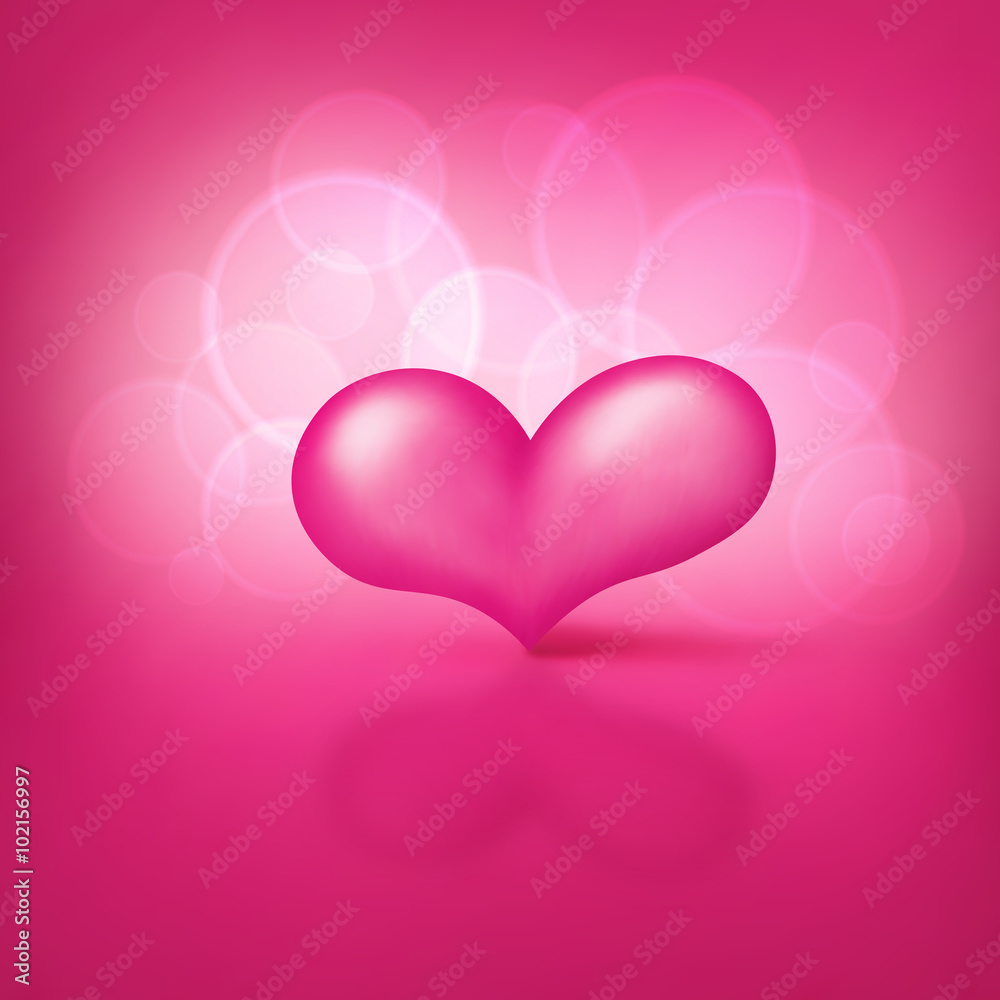 Realistic heart on rose background. Valentines day greeting card template.