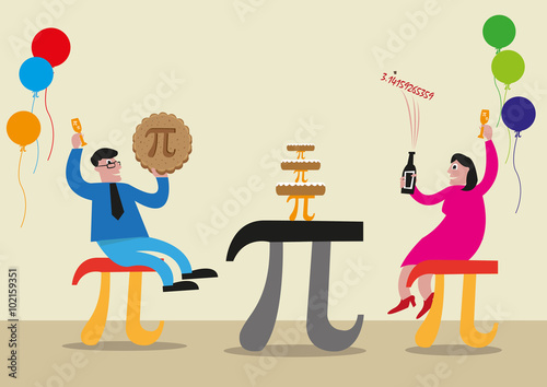 Happy Pi Day concept. People are celebrating with Pi Greek Letter symbol made as chairs, food and tables. Editable Clip Art.
